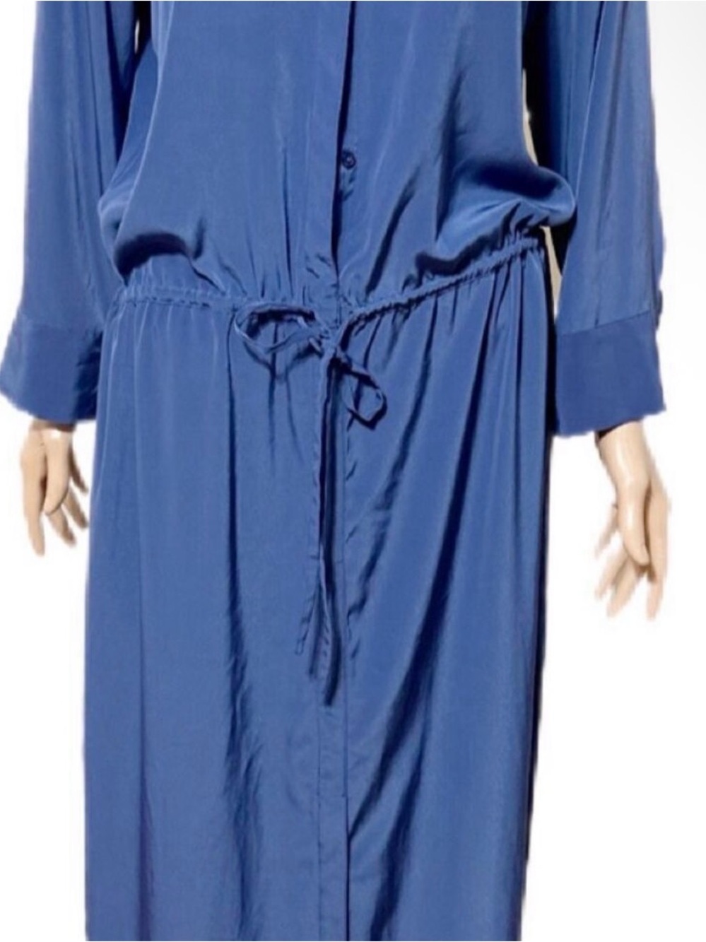 Chico’s Black Label Blue Satin Maxi Dress M Long Sleeve Drawstring Button Front - Picture 5 of 11